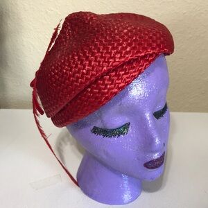 Vintage Women's Red Button/ Half/ Fascinator Hat With Feather. Good Condition.